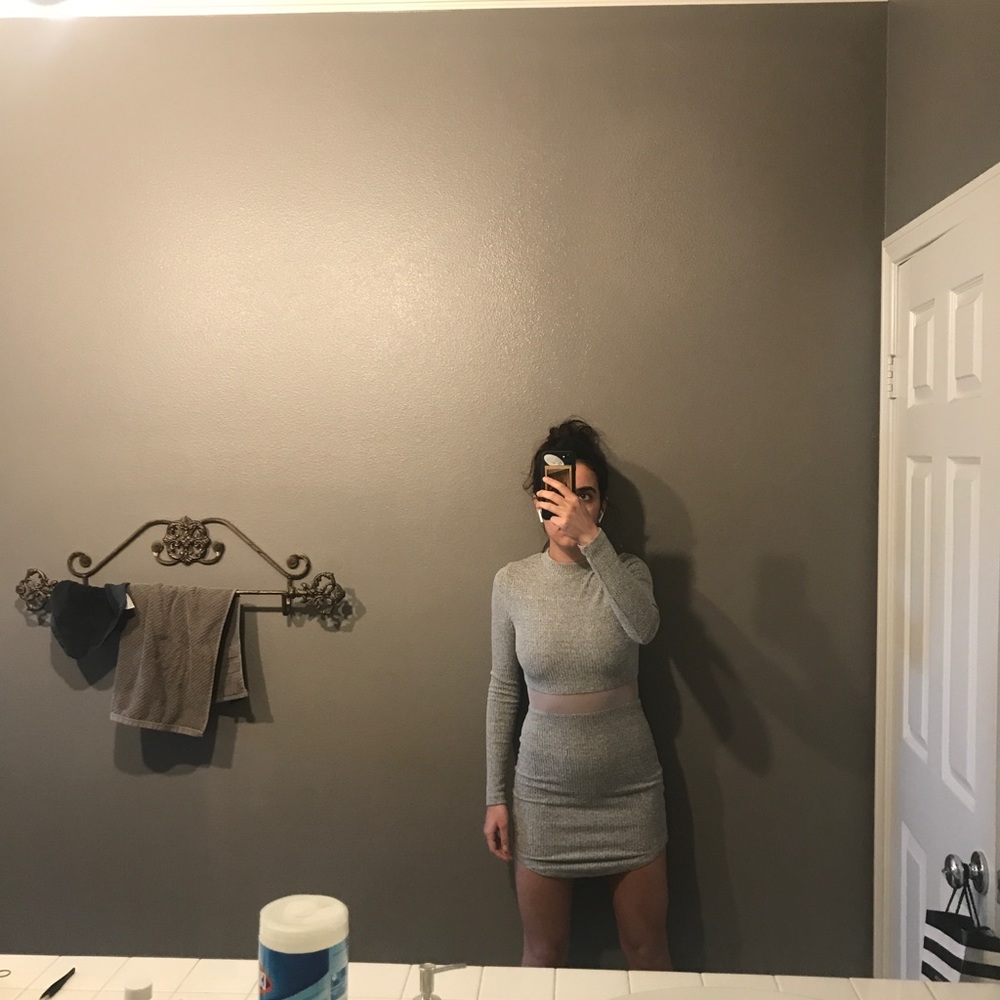 Grey knit bodycon dress with mesh insert!